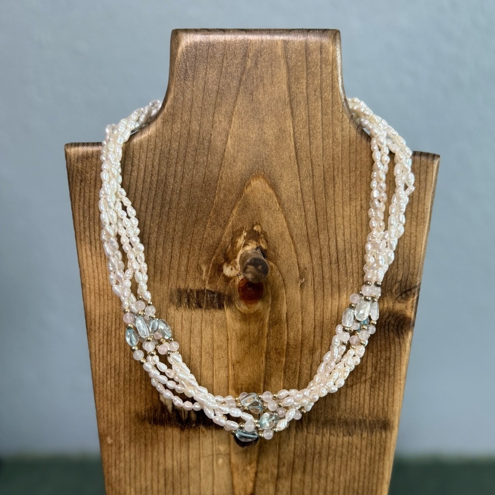 Vintage Rice Pearl Twisted Strand Necklace w/ Aquamarine and Rose Quartz Accents